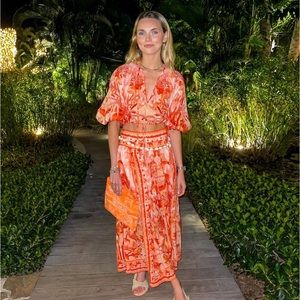 Lyre Palm Print Linen Midi Skirt Set